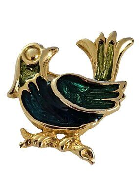 Blue Green Enamel Gold Tone Small Bird Pin L232